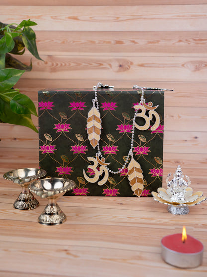 Deepavali: Pichwai Box with German Silver Ganesha Idol, Thoran, Set of 2 Brass Diya - WDC0001