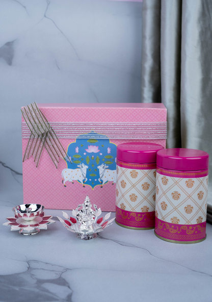 Deepavali: Hamper Box with Set of 2 Tin Jar, German Silver Ganesha on Lotus & Lotus Diya - WDC0006