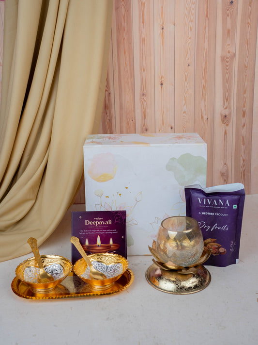 Deepavali: Gift Box with Silver & Gold Plated Bowl and Plate, Candle Holder with Raisins - WDC0010