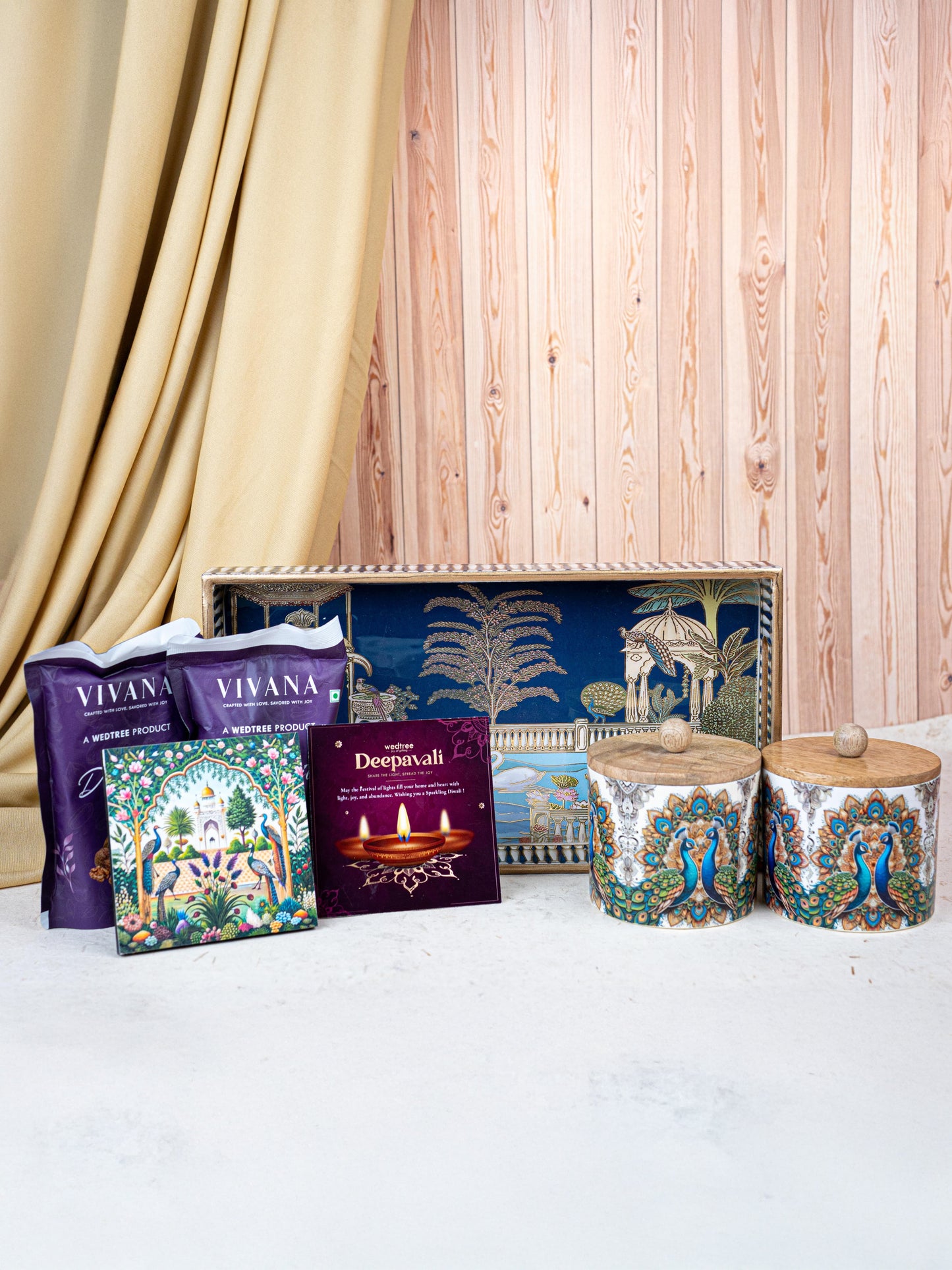 Deepavali: Swan Themed Printed Tray with Dry Fruit Jars, Manai and Dry Fruits - WDC0011