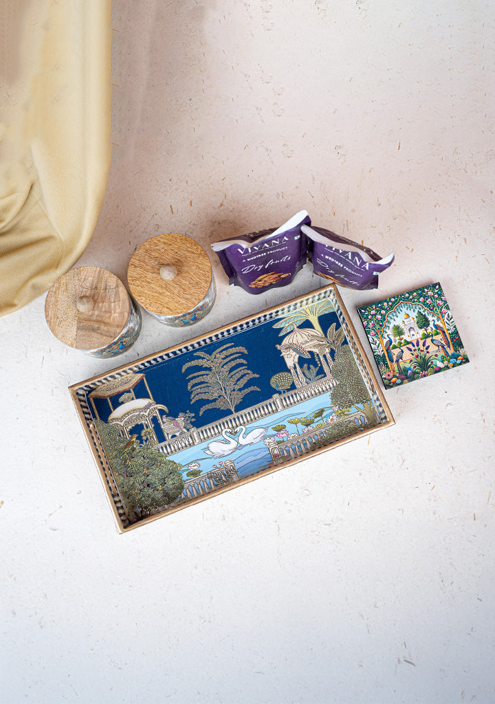 Deepavali: Swan Themed Printed Tray with Dry Fruit Jars, Manai and Dry Fruits - WDC0011
