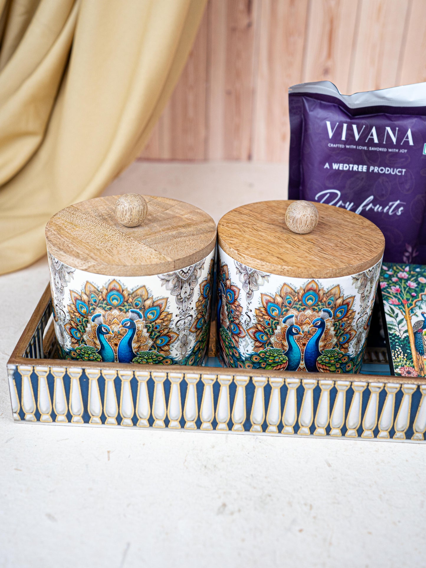 Deepavali: Swan Themed Printed Tray with Dry Fruit Jars, Manai and Dry Fruits - WDC0011