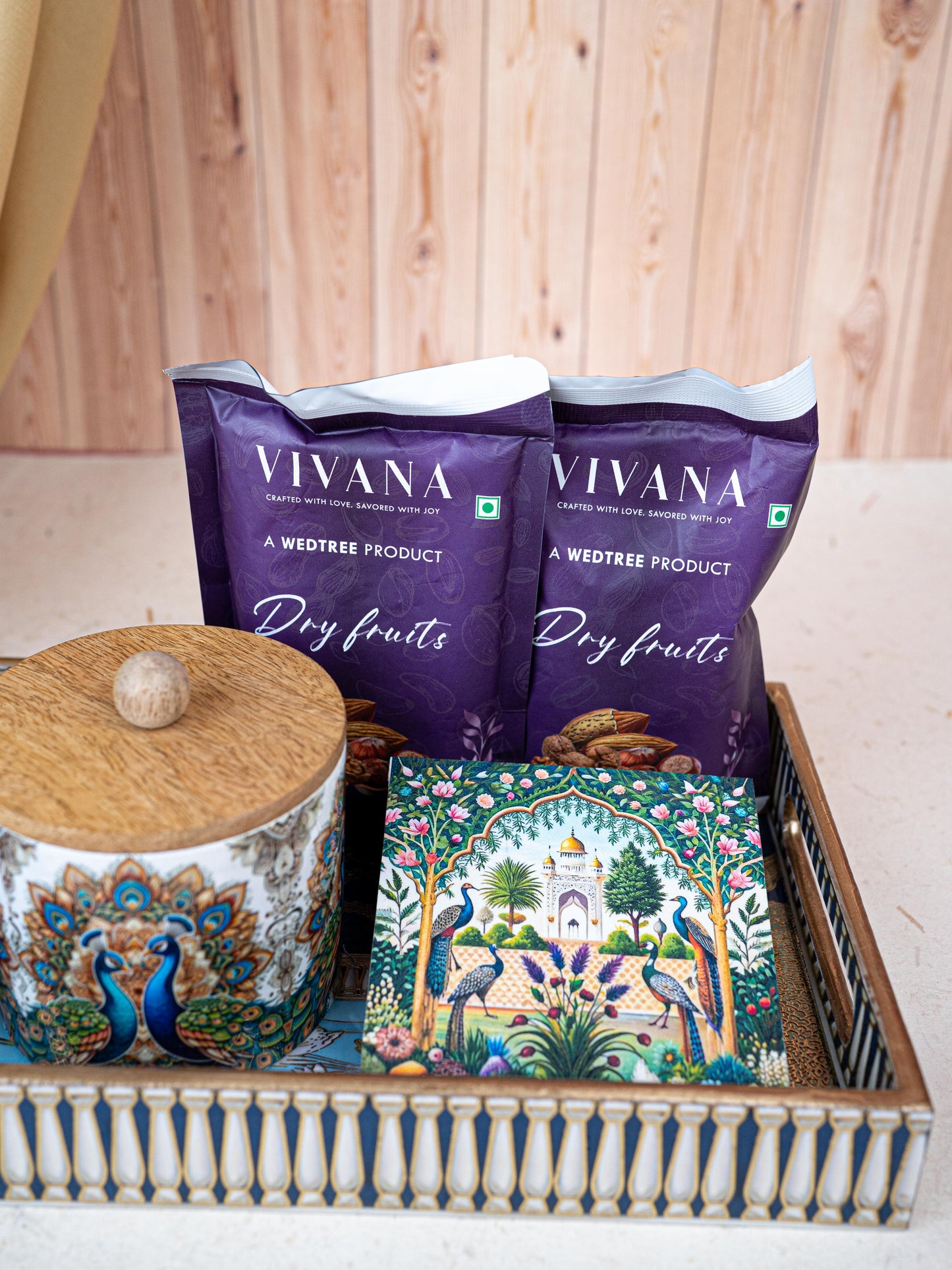 Deepavali: Swan Themed Printed Tray with Dry Fruit Jars, Manai and Dry Fruits - WDC0011