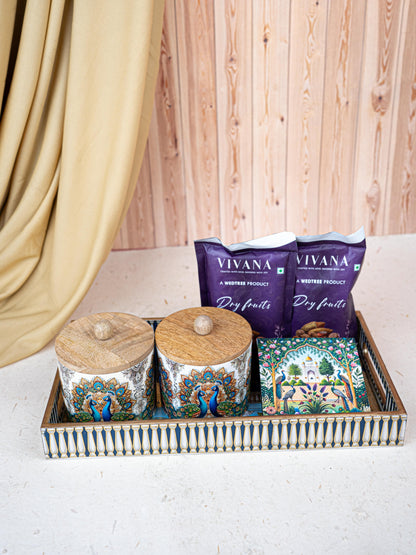 Deepavali: Swan Themed Printed Tray with Dry Fruit Jars, Manai and Dry Fruits - WDC0011