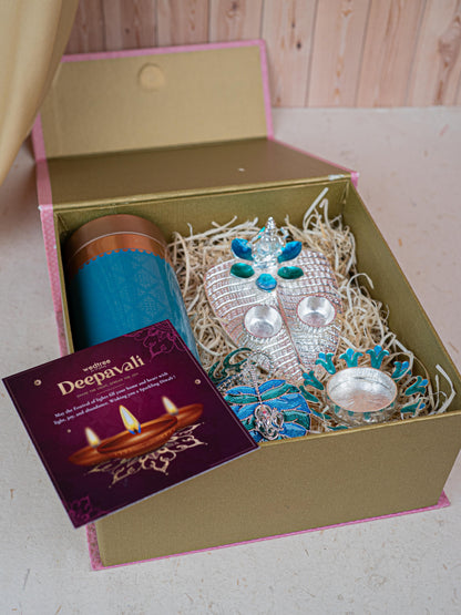 Deepavali: Gift Box with Tin Jar, Ganesha Manjal-Kumkum Holder, T-Light Holder & Thoran - WDC0012