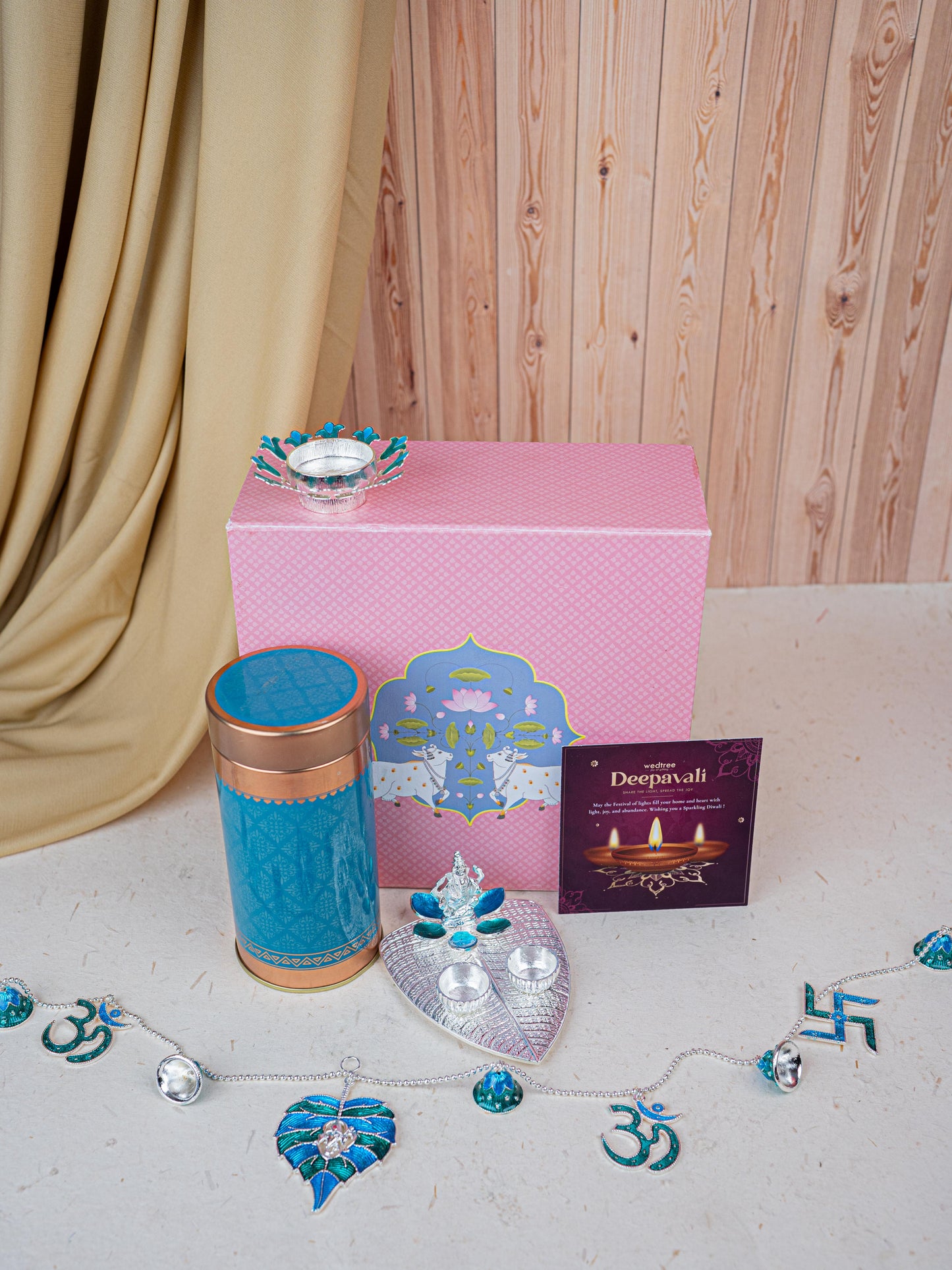 Deepavali: Gift Box with Tin Jar, Ganesha Manjal-Kumkum Holder, T-Light Holder & Thoran - WDC0012