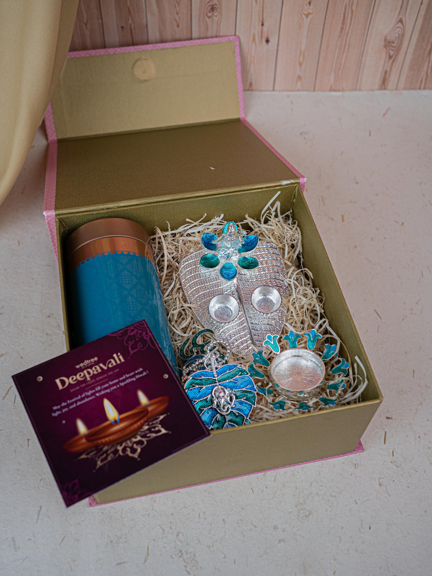 Deepavali: Gift Box with Tin Jar, Ganesha Manjal-Kumkum Holder, T-Light Holder & Thoran - WDC0012