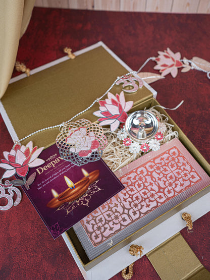 Deepavali: Gift Box with Metal Box, Flower Diya & Lotus Ganesha Thoran - WDC0013