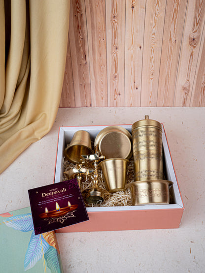 Deepavali: Gift Box with Brass Coffee Dabara Set and Kerala Diya - WDC0014