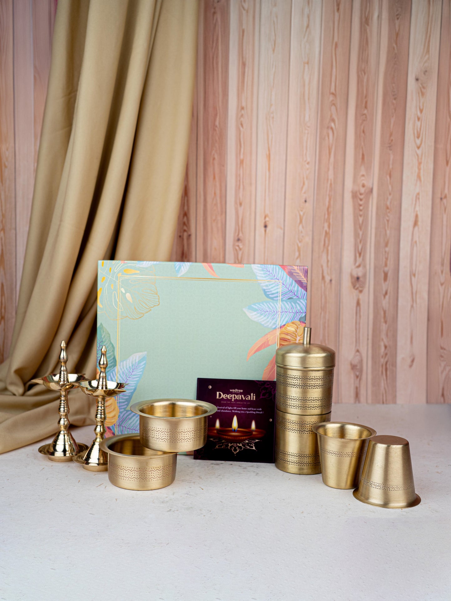 Deepavali: Gift Box with Brass Coffee Dabara Set and Kerala Diya - WDC0014