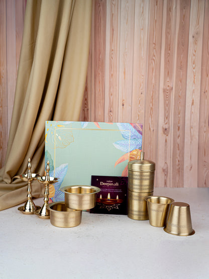 Deepavali: Gift Box with Brass Coffee Dabara Set and Kerala Diya - WDC0014