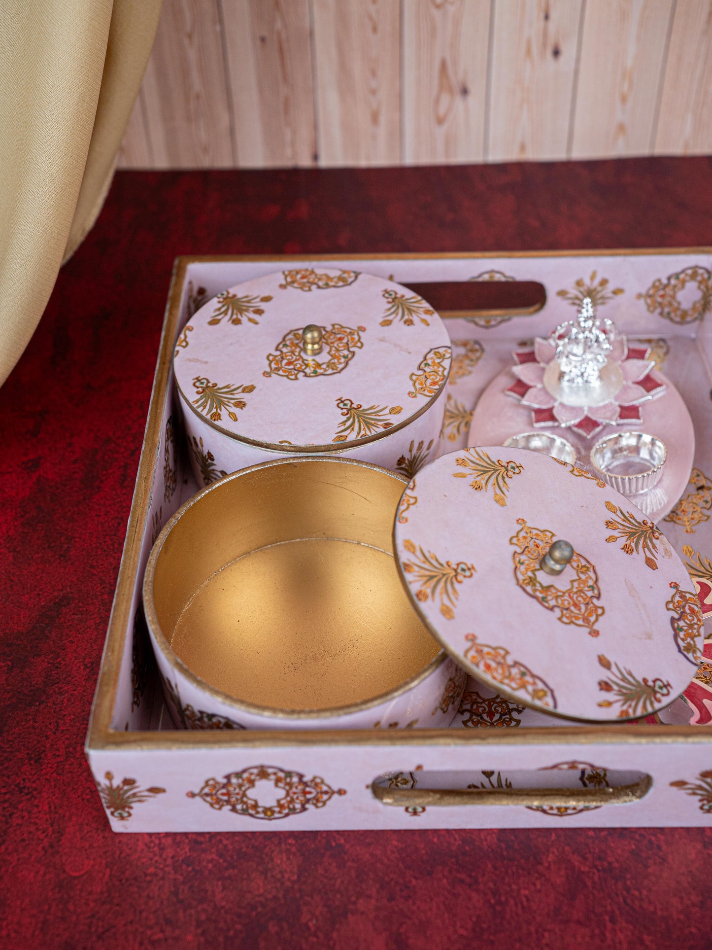 Deepavali: Digital Printed 2 Bowl with Tray, Designer Diya, Ganesha Kumkum Holder & Dry Fruits - WDC0015
