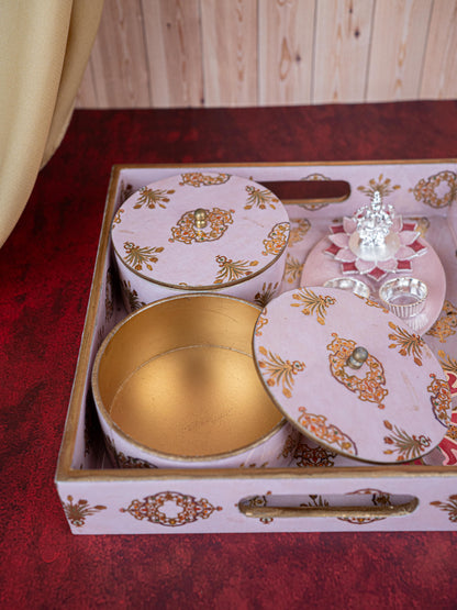 Deepavali: Digital Printed 2 Bowl with Tray, Designer Diya, Ganesha Kumkum Holder & Dry Fruits - WDC0015