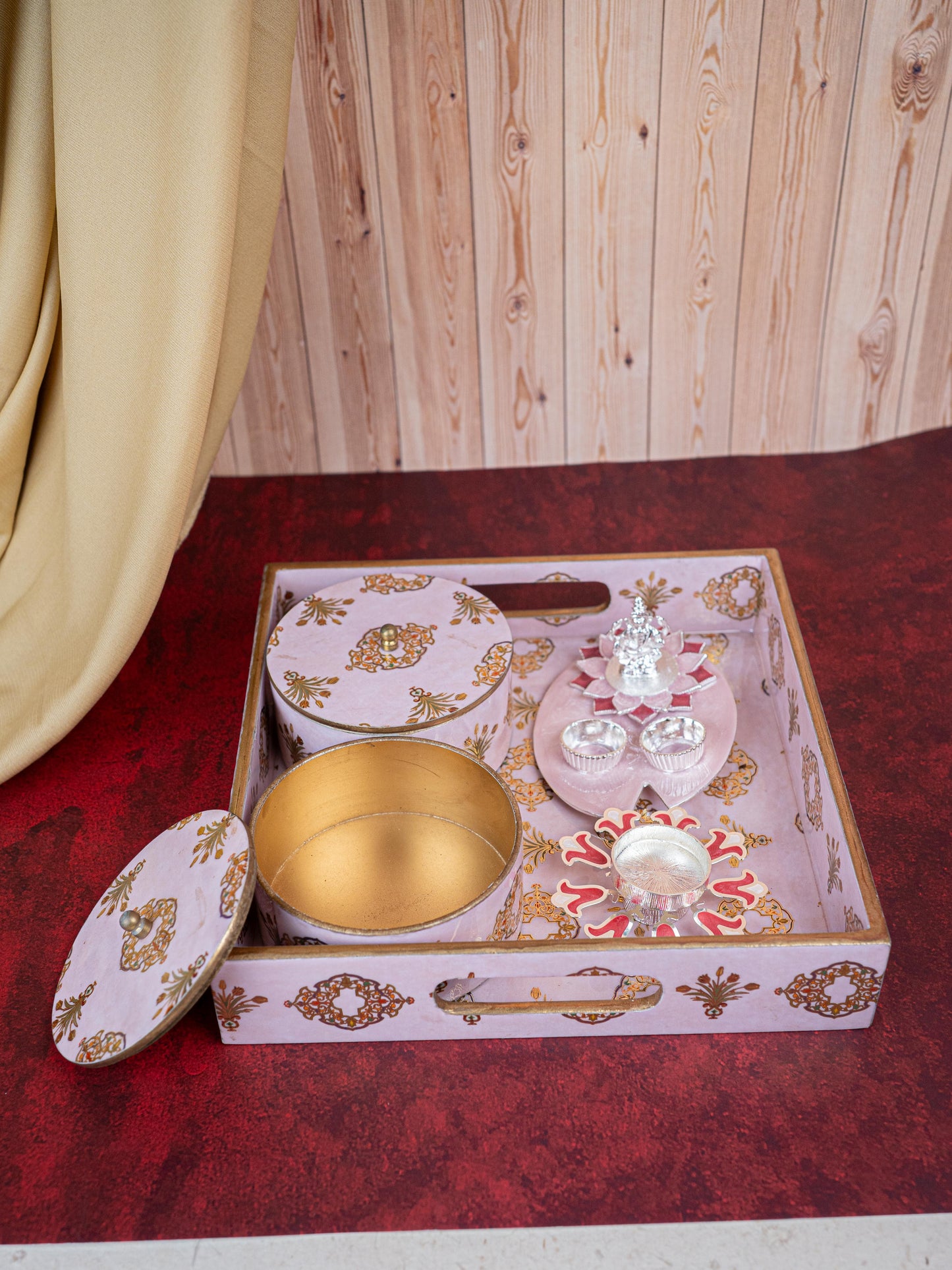 Deepavali: Digital Printed 2 Bowl with Tray, Designer Diya, Ganesha Kumkum Holder & Dry Fruits - WDC0015