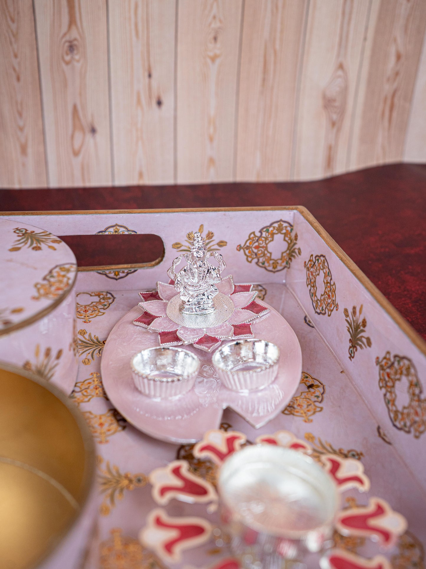 Deepavali: Digital Printed 2 Bowl with Tray, Designer Diya, Ganesha Kumkum Holder & Dry Fruits - WDC0015