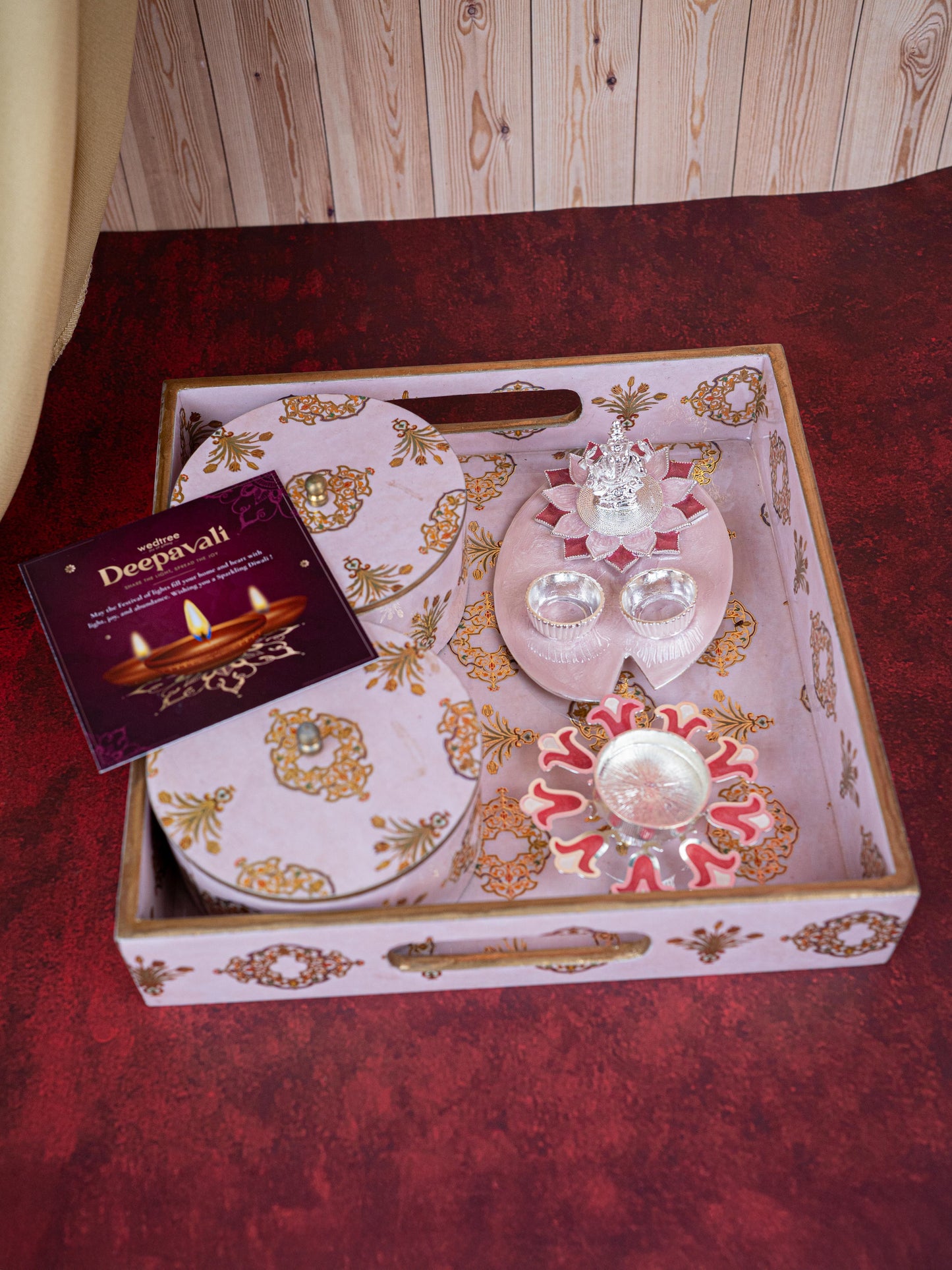 Deepavali: Digital Printed 2 Bowl with Tray, Designer Diya, Ganesha Kumkum Holder & Dry Fruits - WDC0015