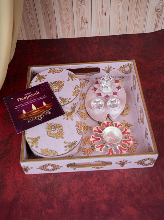 Deepavali: Digital Printed 2 Bowl with Tray, Designer Diya, Ganesha Kumkum Holder & Dry Fruits - WDC0015