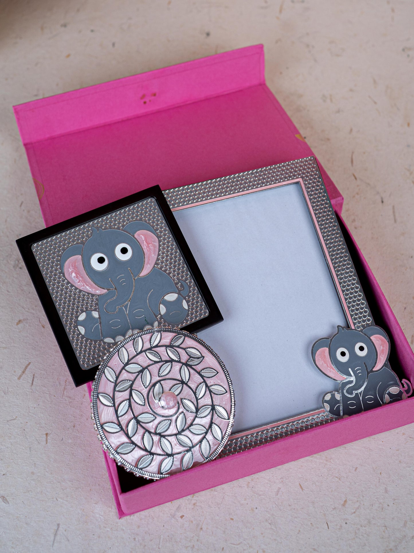 Deepavali: Box with Elephant Design Photo Frame with Coaster & Mug Lid - WDC0016