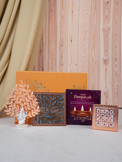 Deepavali: Box with Metal Box, Floral Coaster, Ganesha Idol with Tree - WDC0017