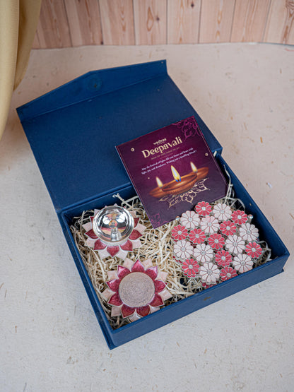Deepavali: Box with Designer Coaster, Floral Coaster & Diya - WDC0018