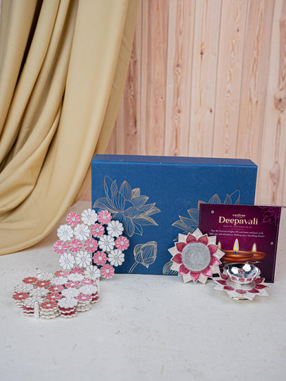 Deepavali: Box with Designer Coaster, Floral Coaster & Diya - WDC0018