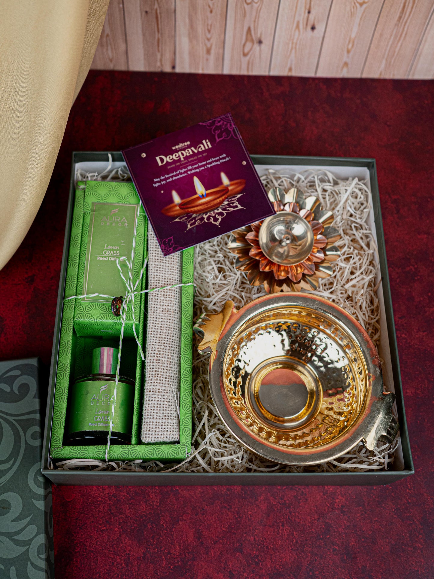 Deepavali: Box with Brass Urli, Flower Diya with Diffuser Oil - WDC0019