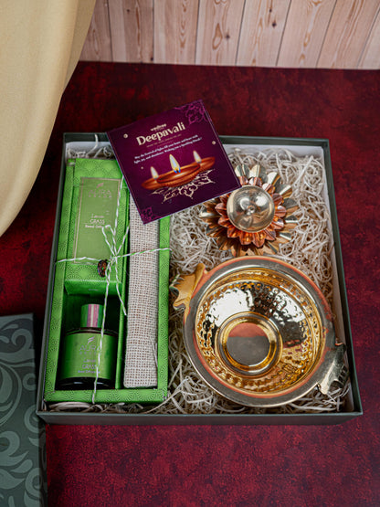 Deepavali: Box with Brass Urli, Flower Diya with Diffuser Oil - WDC0019