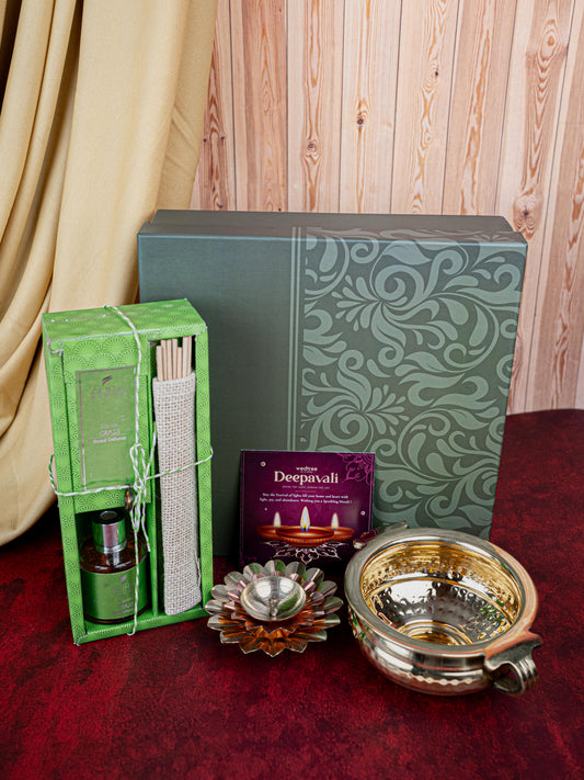 Deepavali: Box with Brass Urli, Flower Diya with Diffuser Oil - WDC0019