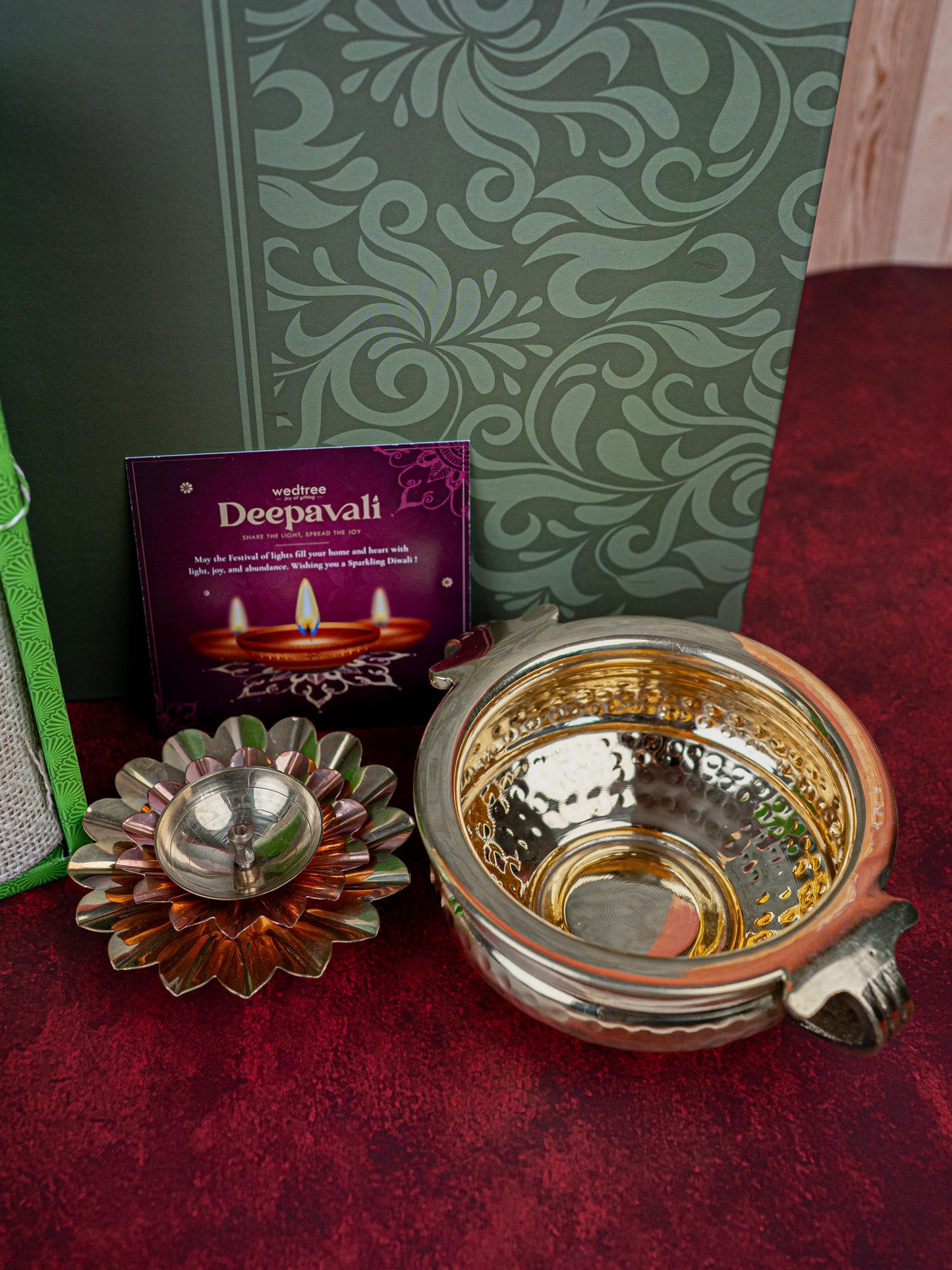 Deepavali: Box with Brass Urli, Flower Diya with Diffuser Oil - WDC0019