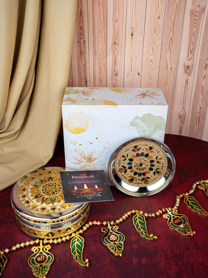Deepavali: Box with Meenakari Poori Box, Thoran & Plate - WDC0020