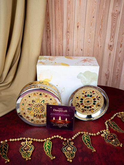 Deepavali: Box with Meenakari Poori Box, Thoran & Plate - WDC0020