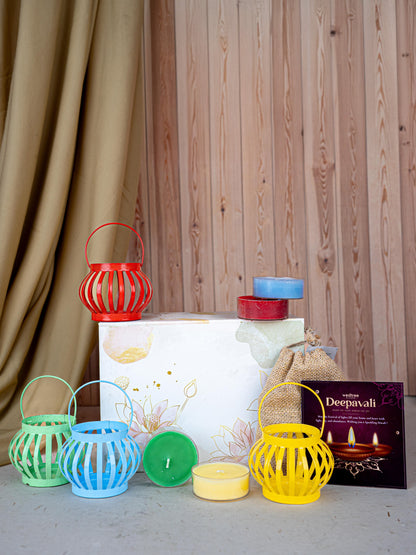 Deepavali: Box with Decorative Metal T-light Holder, 7 Chakra Scented Candle & Natural Fragrance Jute String Bag - WDC0021