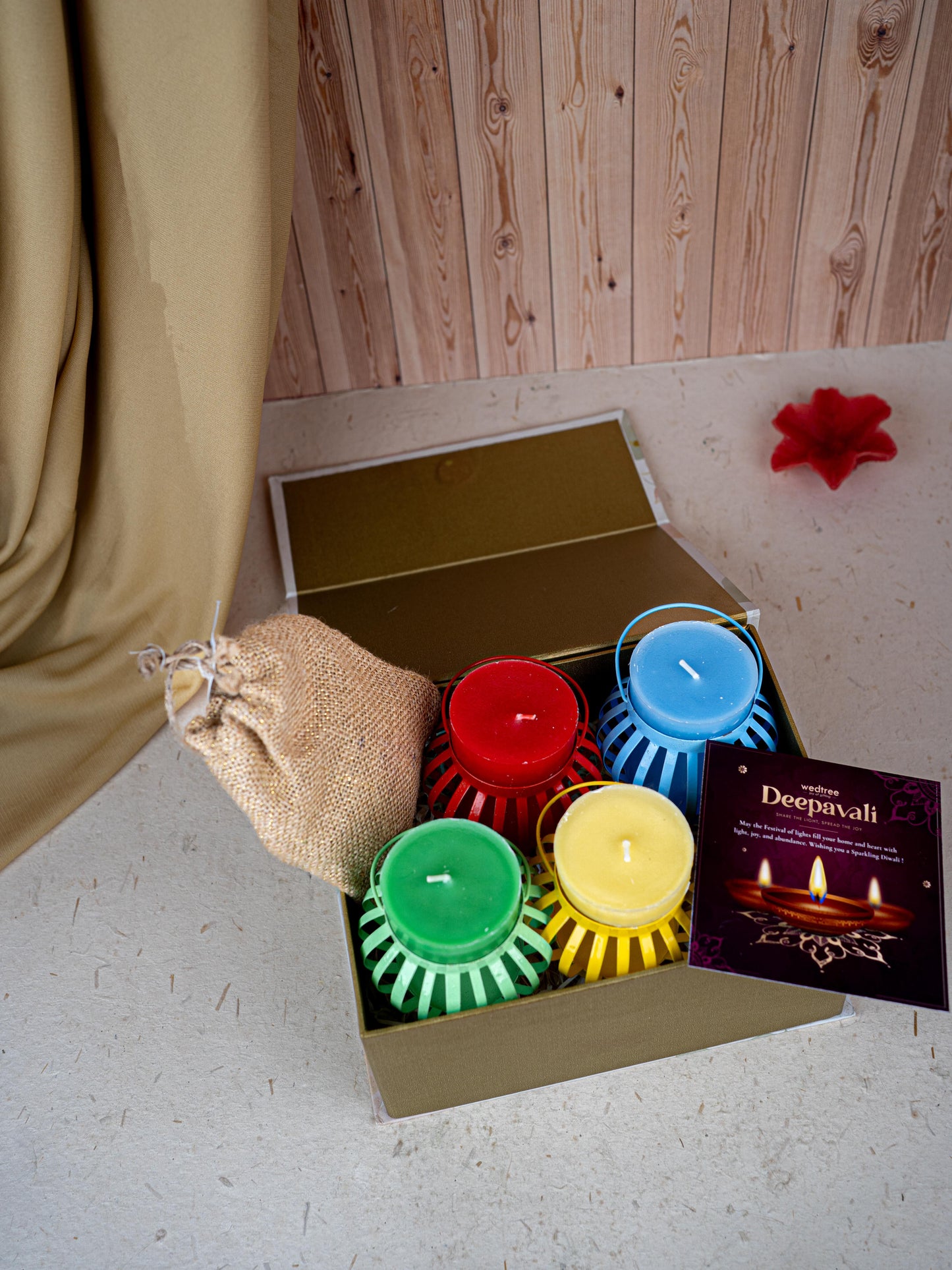 Deepavali: Box with Decorative Metal T-light Holder, 7 Chakra Scented Candle & Natural Fragrance Jute String Bag - WDC0021