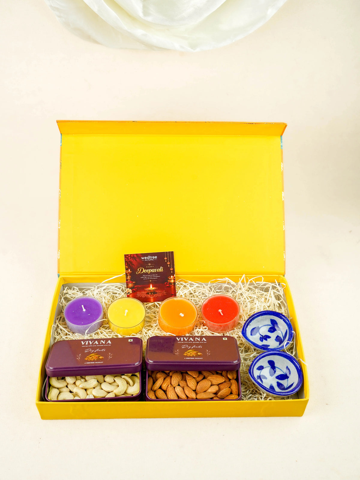 Deepavali: Box with Handmade Pottery Diya, Candles, Dry Fruit Tin with Dry Fruits - WDC0022