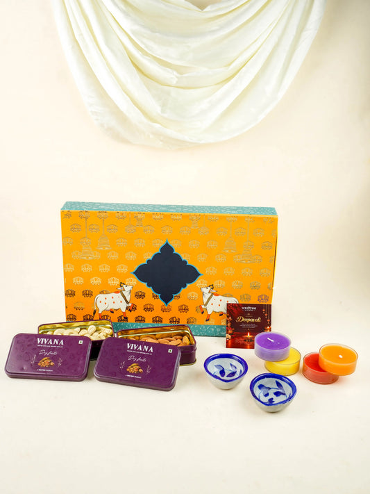 Deepavali: Box with Handmade Pottery Diya, Candles, Dry Fruit Tin with Dry Fruits - WDC0022