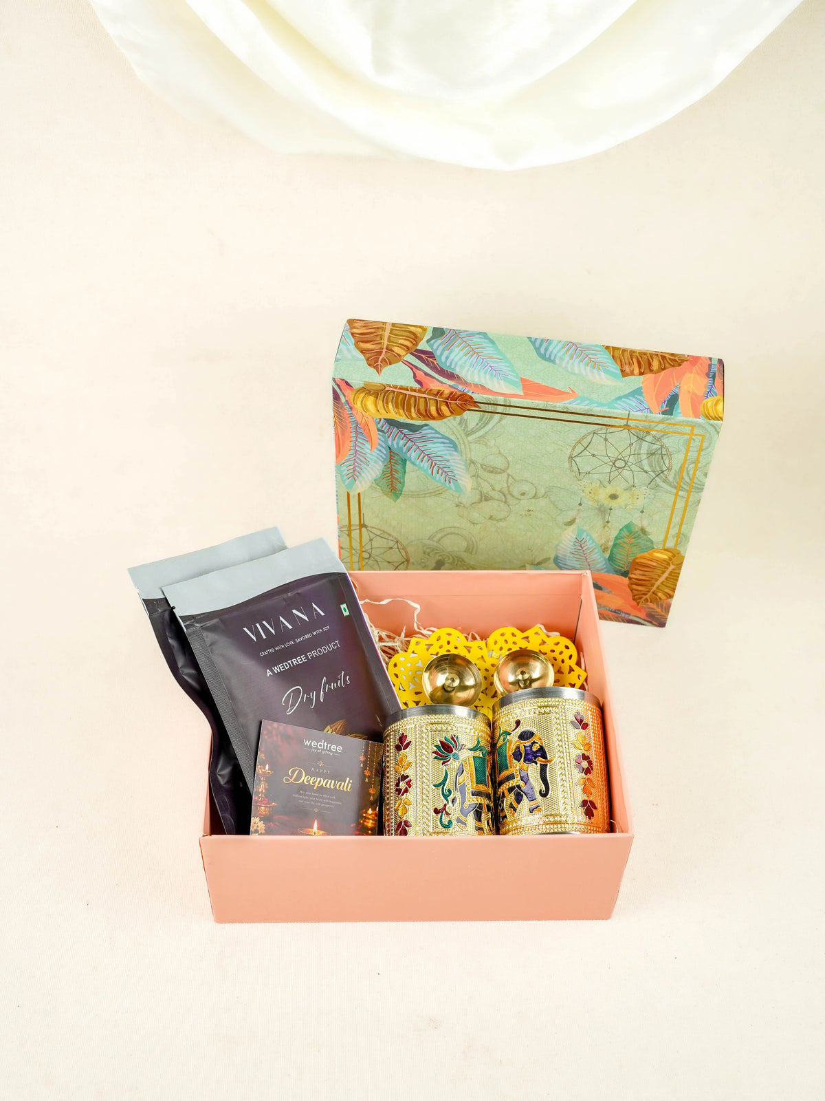 Deepavali: Box with Handpainted Brass Diya, Meenakari Design Glass with Dry Fruit - WDC0023