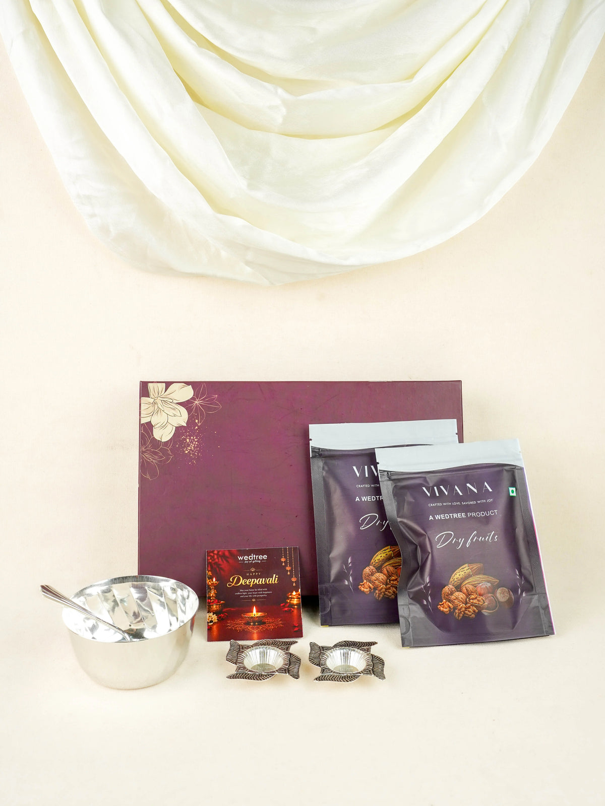 Deepavali: Box with Swastik Diya, Twister Diya & Dry Fruits - WDC0025