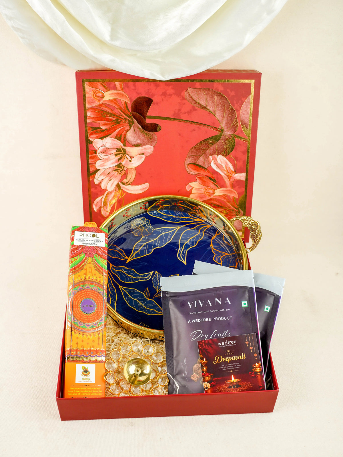 Deepavali: Box with Brass Floral Tray, Crystal Diya, Intense Sticks & Dry Fruits - WDC0026