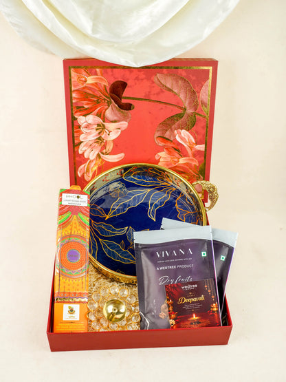 Deepavali: Box with Brass Floral Tray, Crystal Diya, Intense Sticks & Dry Fruits - WDC0026