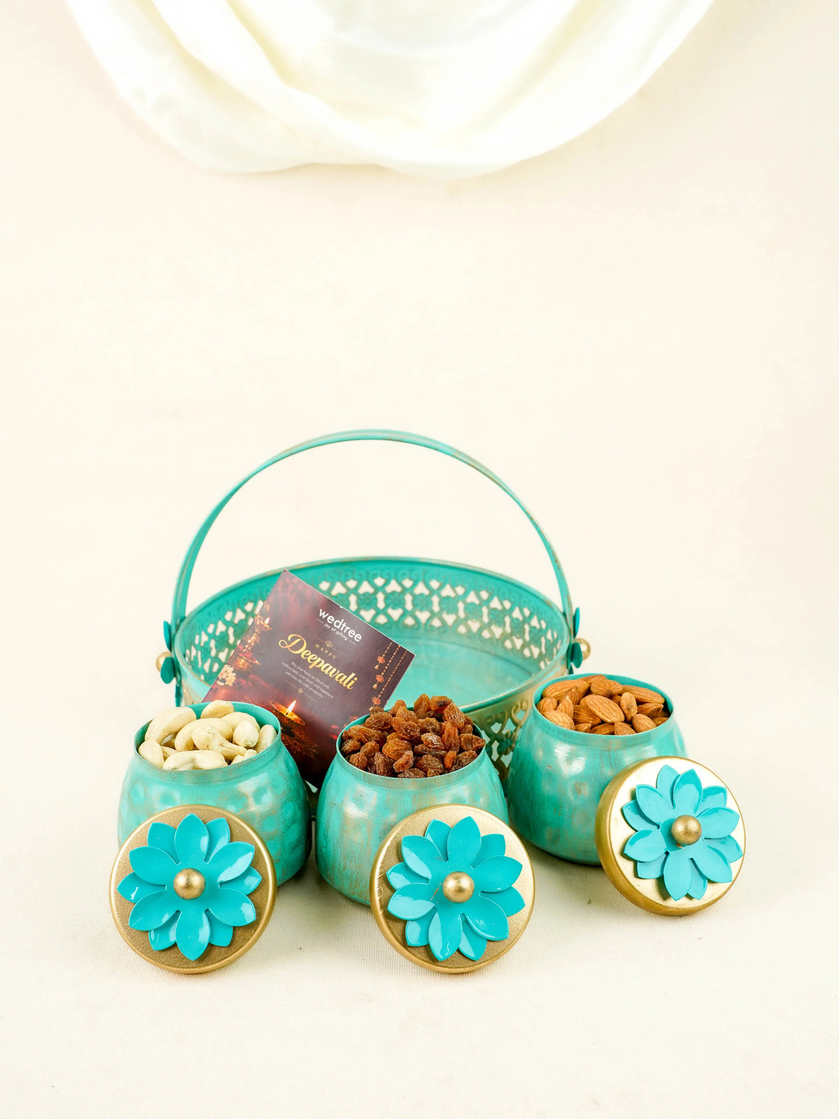 Deepavali: Trousseau Packing Metal Tray with 3 Dry Fruit Jar & Dry Fruits - WDC0029