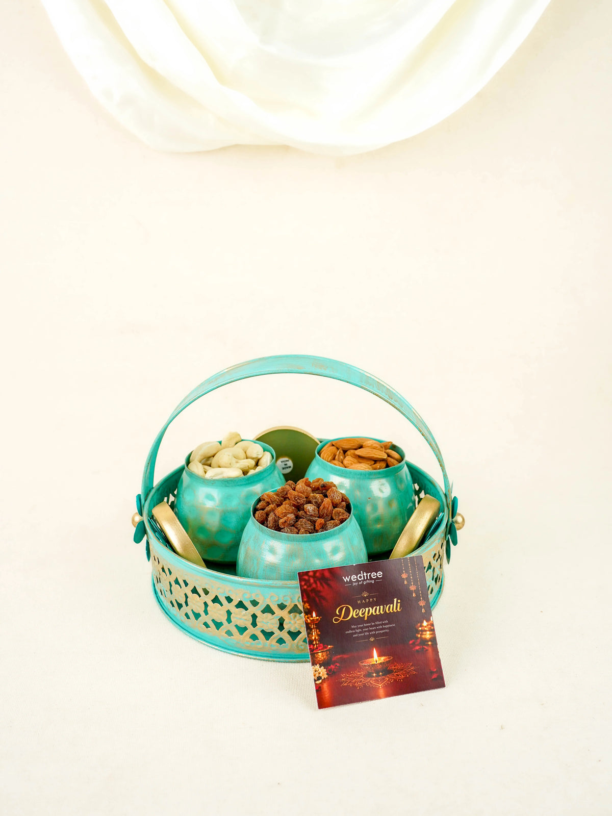 Deepavali: Trousseau Packing Metal Tray with 3 Dry Fruit Jar & Dry Fruits - WDC0029