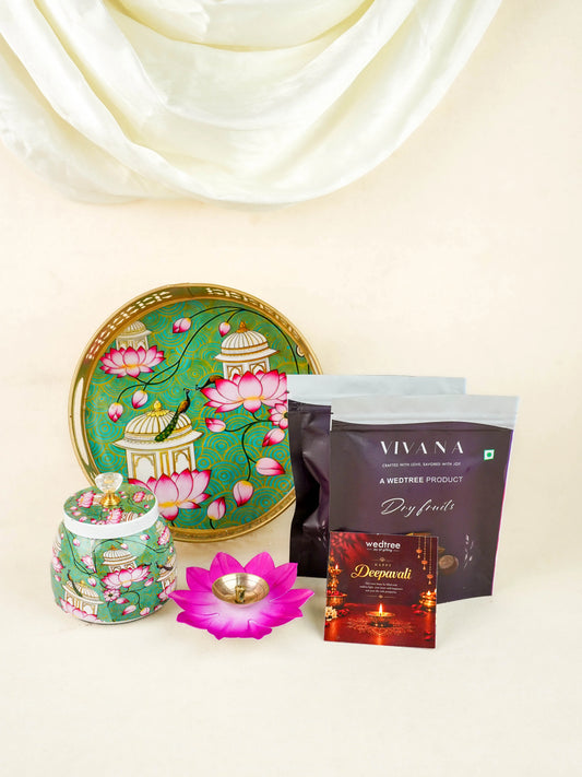 Deepavali: Trousseau Packing Mugal Theme Dry Fruit Jar with Diya & Dry Fruit - WDC0030
