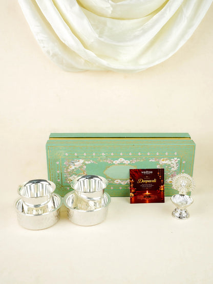 Deepavali: Box with Brass Coffee Dabara Set & Peacock Diya - WDC0031