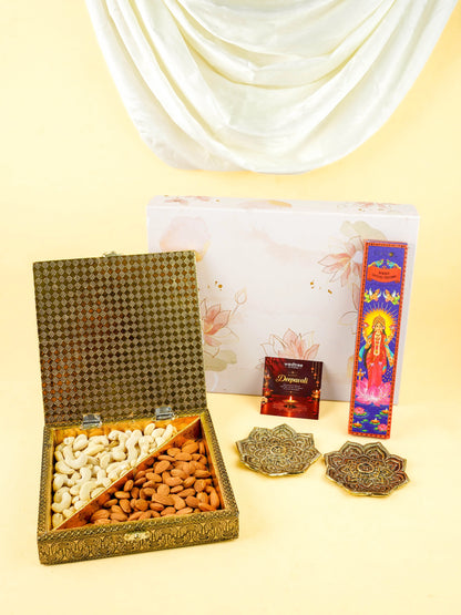 Deepavali: Box with Dry Fruit Box, Flower Agarvathi, Insence Sticks & Dry Fruits - WDC0032