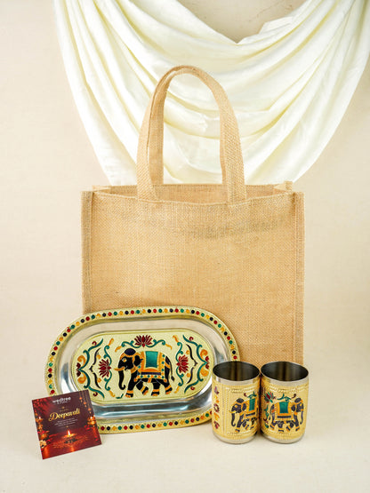 Deepavali: Jute Bag with Meenakari Plate & Set of 2 Glass - WDC0044