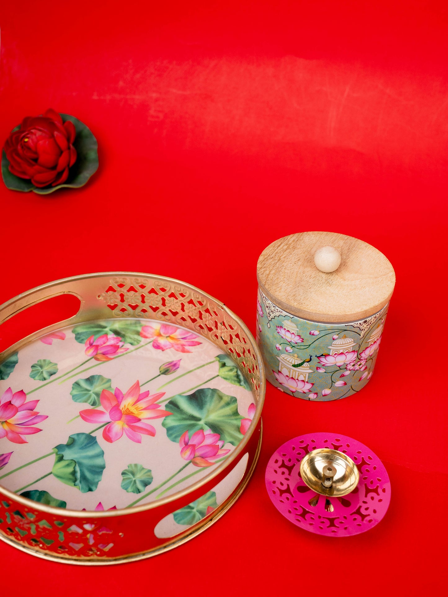 Deepavali: Pichwai Tray with Diya & Pichwai Jar - WDC0004