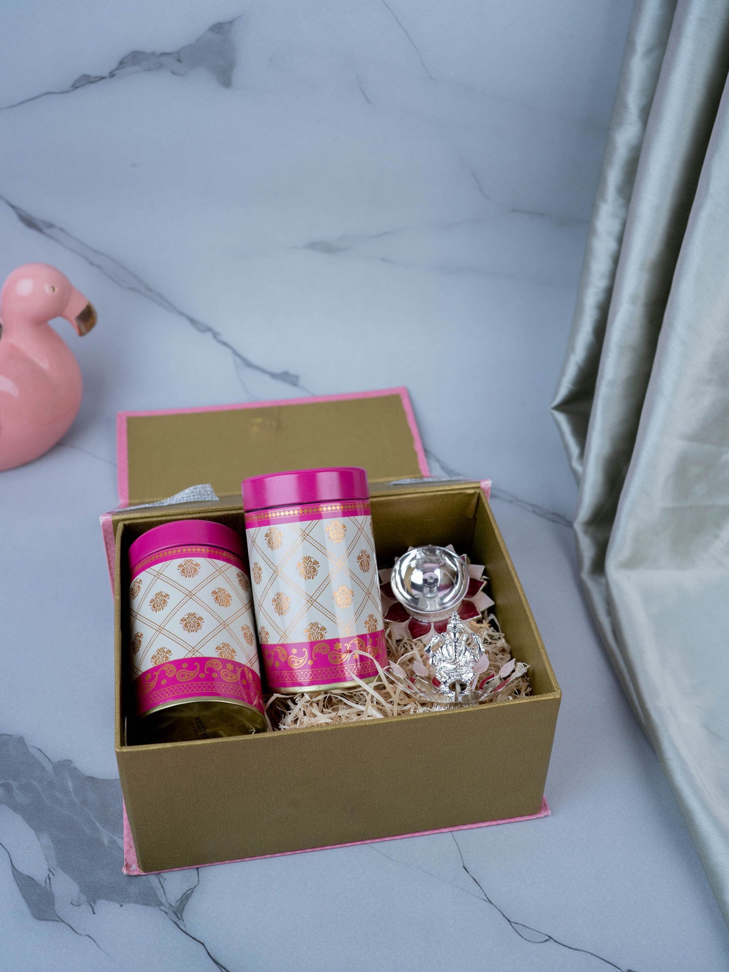 Deepavali: Hamper Box with Set of 2 Tin Jar, German Silver Ganesha on Lotus & Lotus Diya - WDC0006