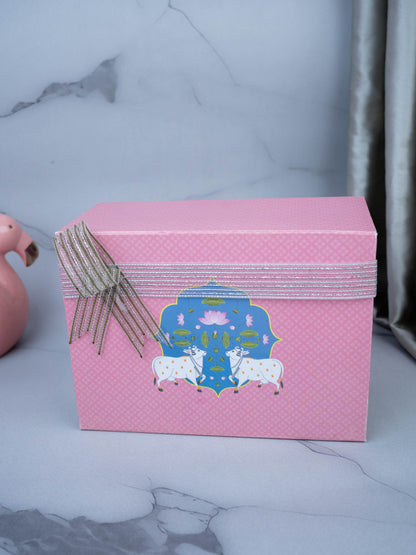 Deepavali: Hamper Box with Set of 2 Tin Jar, German Silver Ganesha on Lotus & Lotus Diya - WDC0006