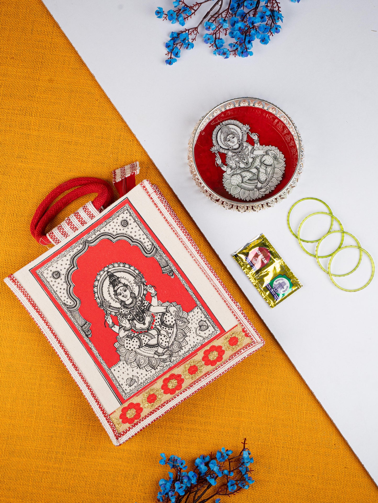 Navratri Combo: Jute Bag with Madhubani German Silver Tray & Haldi Kumkum Bangles - WGC0077
