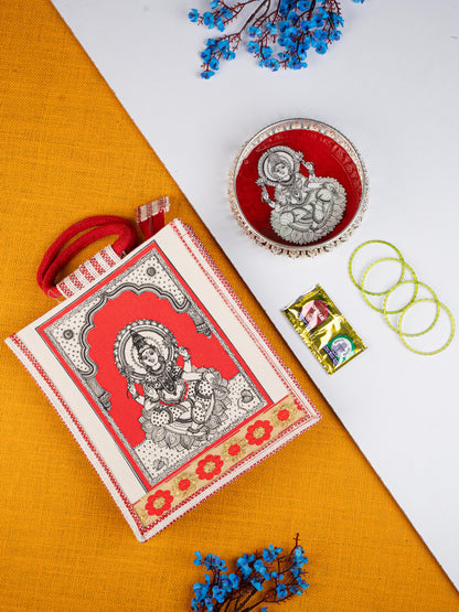 Navratri Combo: Jute Bag with Madhubani German Silver Tray & Haldi Kumkum Bangles - WGC0077